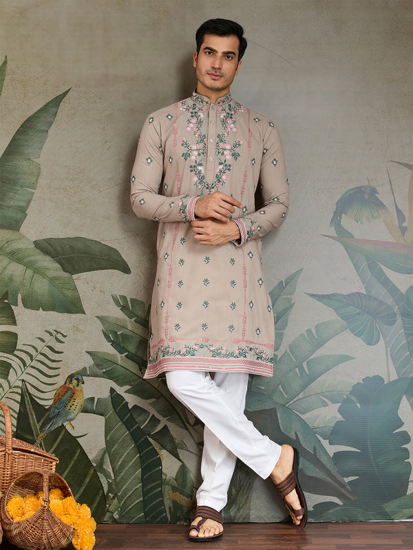 Ivory Viscose Silk Men's Kurta with Thread & Sequin Embroidery Work – Elegant Ethnic Wear for Wedding & Festive Occasions