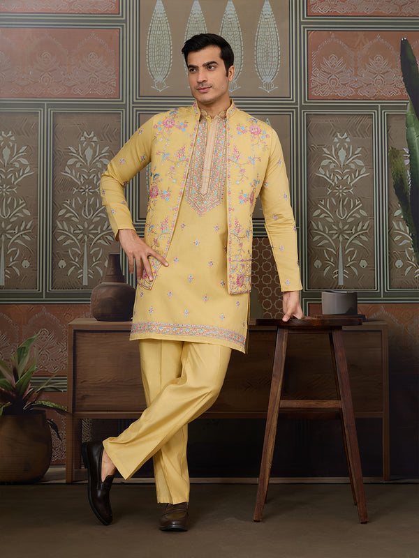 Yellow Viscose Silk Men’s Kurta Koti Set with Multi-Thread & Sequence Embroidery – Festive & Wedding Occasion Wear