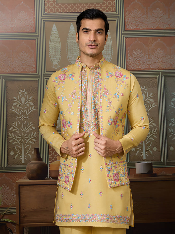 Yellow Viscose Silk Men’s Kurta Koti Set with Multi-Thread & Sequence Embroidery – Festive & Wedding Occasion Wear
