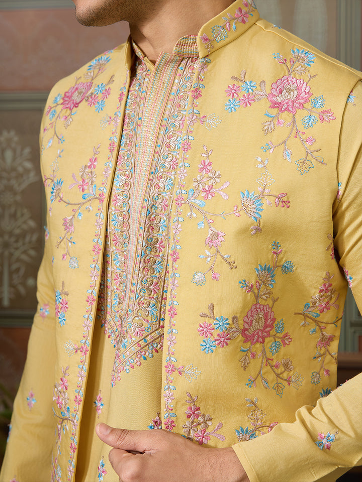 Yellow Viscose Silk Men’s Kurta Koti Set with Multi-Thread & Sequence Embroidery – Festive & Wedding Occasion Wear