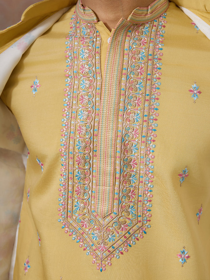 Yellow Viscose Silk Men’s Kurta Koti Set with Multi-Thread & Sequence Embroidery – Festive & Wedding Occasion Wear