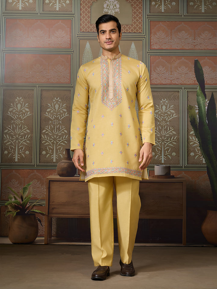 Yellow Viscose Silk Men’s Kurta Koti Set with Multi-Thread & Sequence Embroidery – Festive & Wedding Occasion Wear