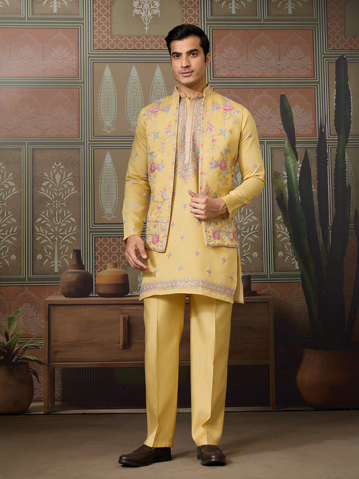 Yellow Viscose Silk Men’s Kurta Koti Set with Multi-Thread & Sequence Embroidery – Festive & Wedding Occasion Wear