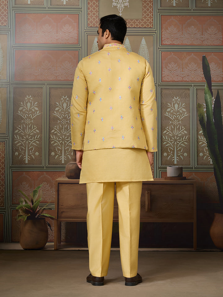 Yellow Viscose Silk Men’s Kurta Koti Set with Multi-Thread & Sequence Embroidery – Festive & Wedding Occasion Wear