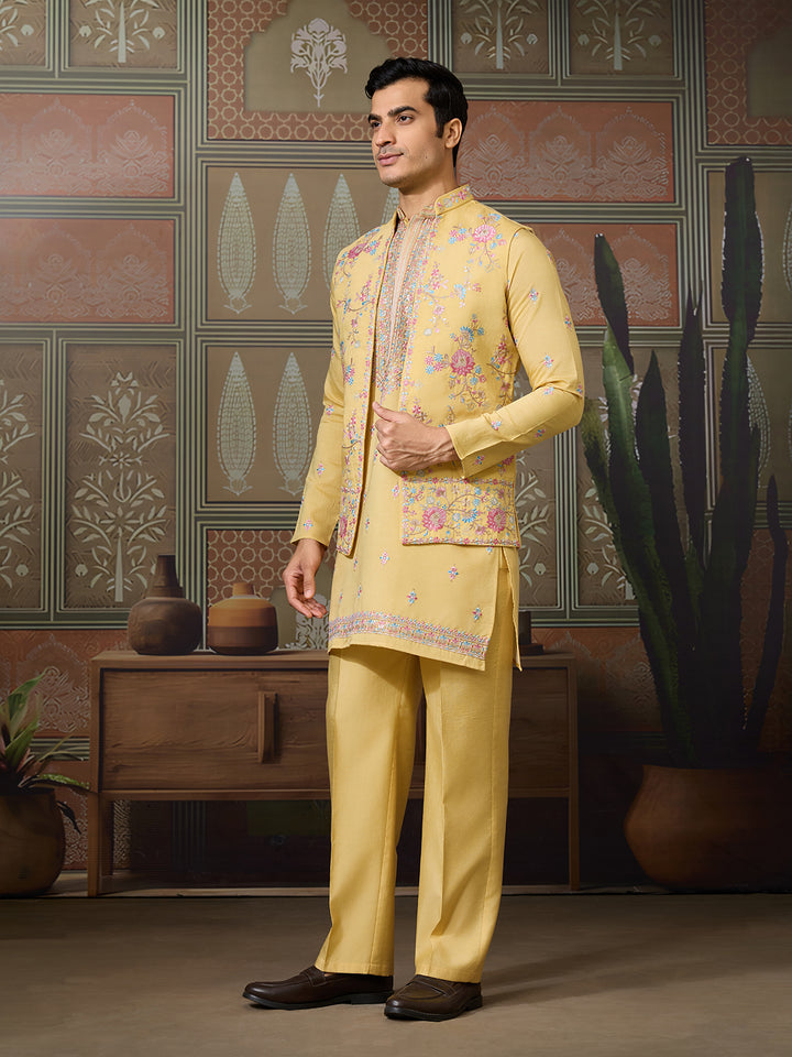Yellow Viscose Silk Men’s Kurta Koti Set with Multi-Thread & Sequence Embroidery – Festive & Wedding Occasion Wear