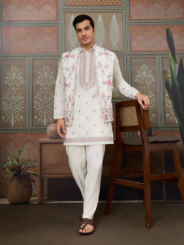 Men’s White Viscose Silk Kurta with Koti | Multi-Thread & Sequin Embroidery | Wedding & Festive Wear