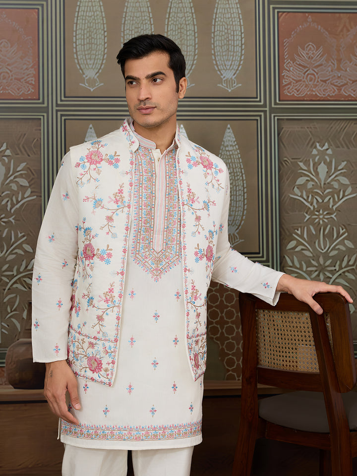 Men’s White Viscose Silk Kurta with Koti | Multi-Thread & Sequin Embroidery | Wedding & Festive Wear