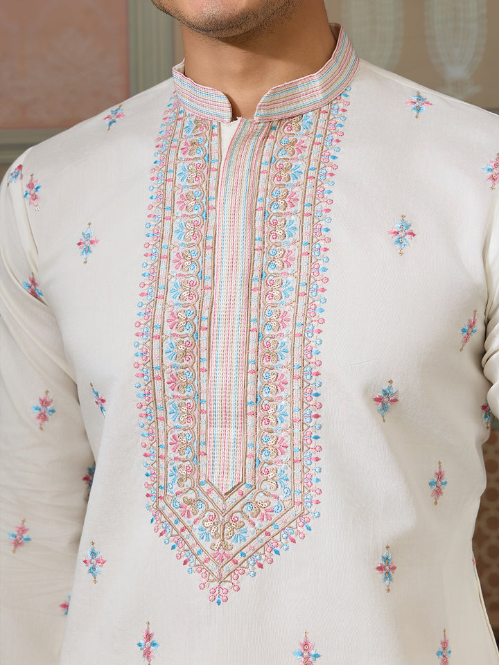 Men’s White Viscose Silk Kurta with Koti | Multi-Thread & Sequin Embroidery | Wedding & Festive Wear