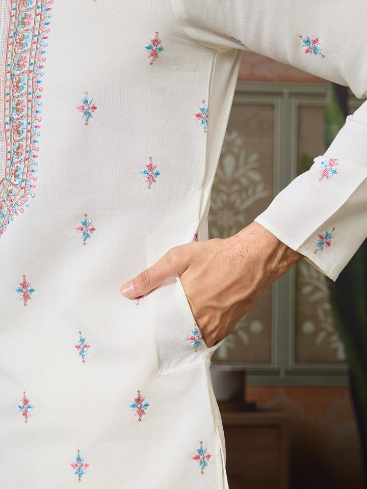 Men’s White Viscose Silk Kurta with Koti | Multi-Thread & Sequin Embroidery | Wedding & Festive Wear