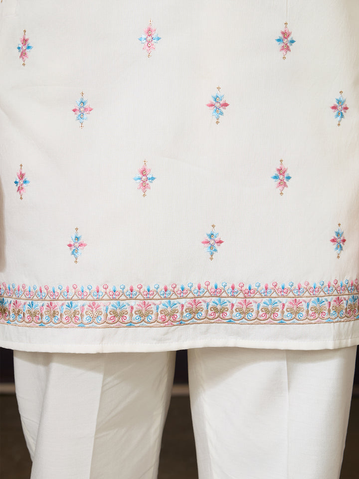 Men’s White Viscose Silk Kurta with Koti | Multi-Thread & Sequin Embroidery | Wedding & Festive Wear