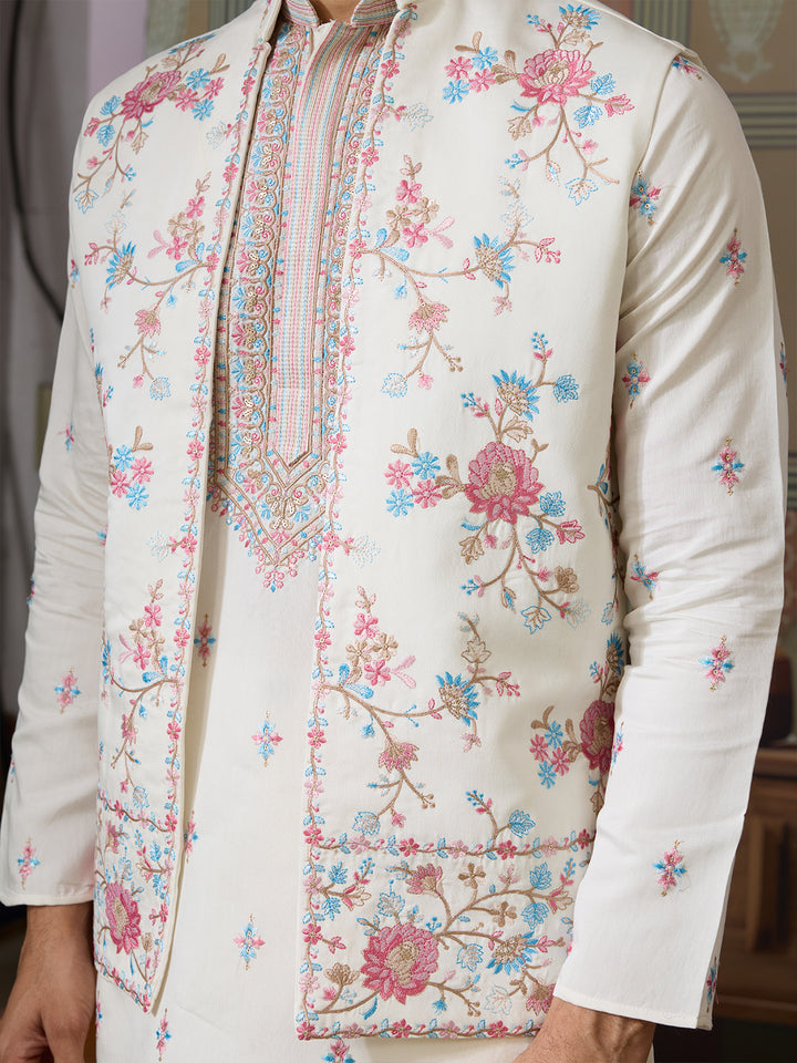 Men’s White Viscose Silk Kurta with Koti | Multi-Thread & Sequin Embroidery | Wedding & Festive Wear