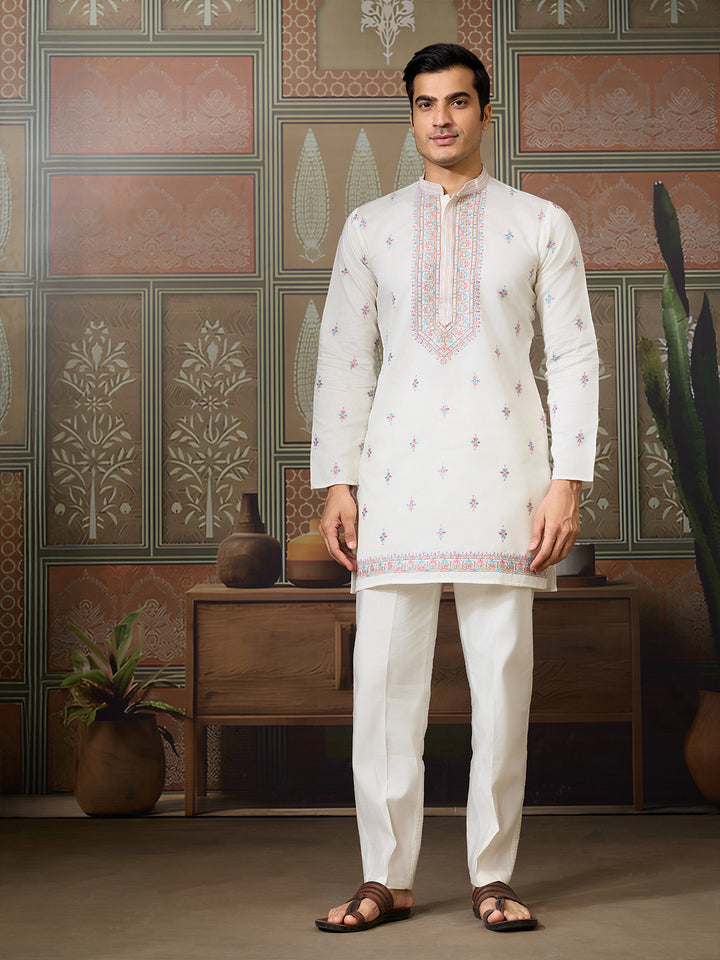 Men’s White Viscose Silk Kurta with Koti | Multi-Thread & Sequin Embroidery | Wedding & Festive Wear
