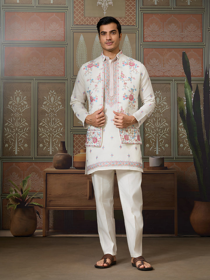 Men’s White Viscose Silk Kurta with Koti | Multi-Thread & Sequin Embroidery | Wedding & Festive Wear