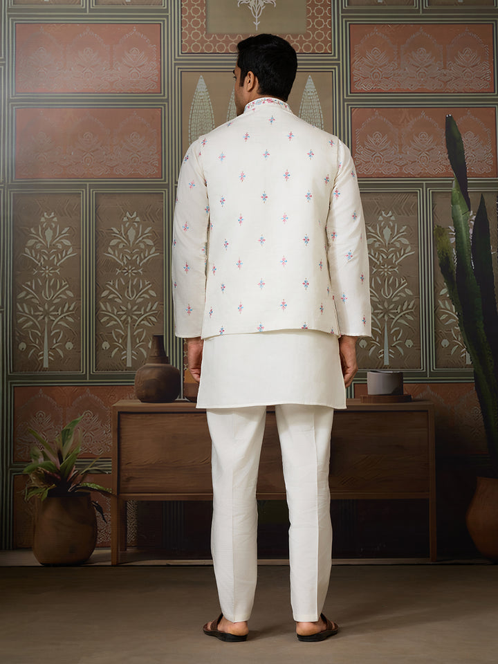 Men’s White Viscose Silk Kurta with Koti | Multi-Thread & Sequin Embroidery | Wedding & Festive Wear