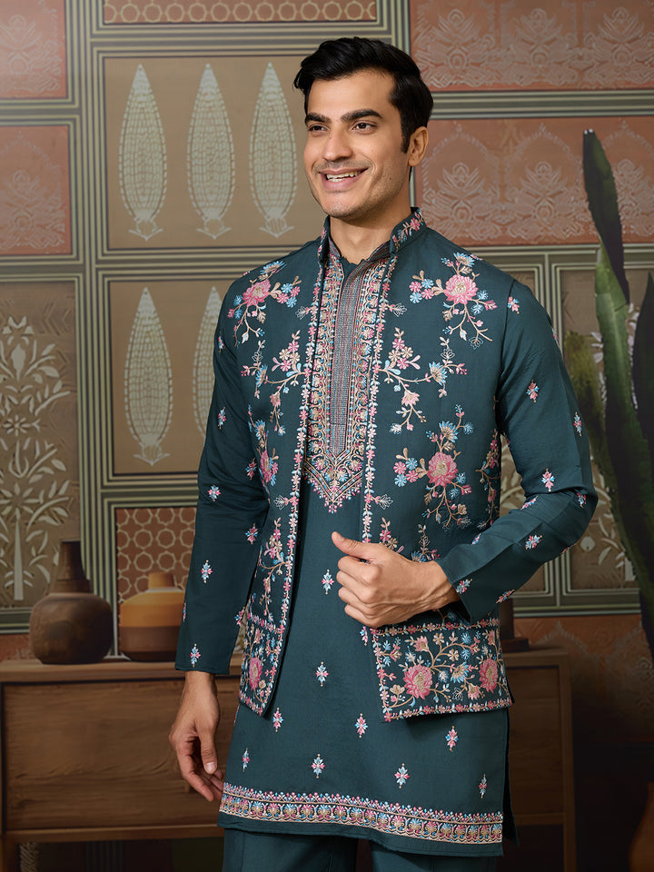Green Viscose Silk Kurta with Koti for Men | Multi-Thread & Sequence Embroidery | Festive & Wedding Wear