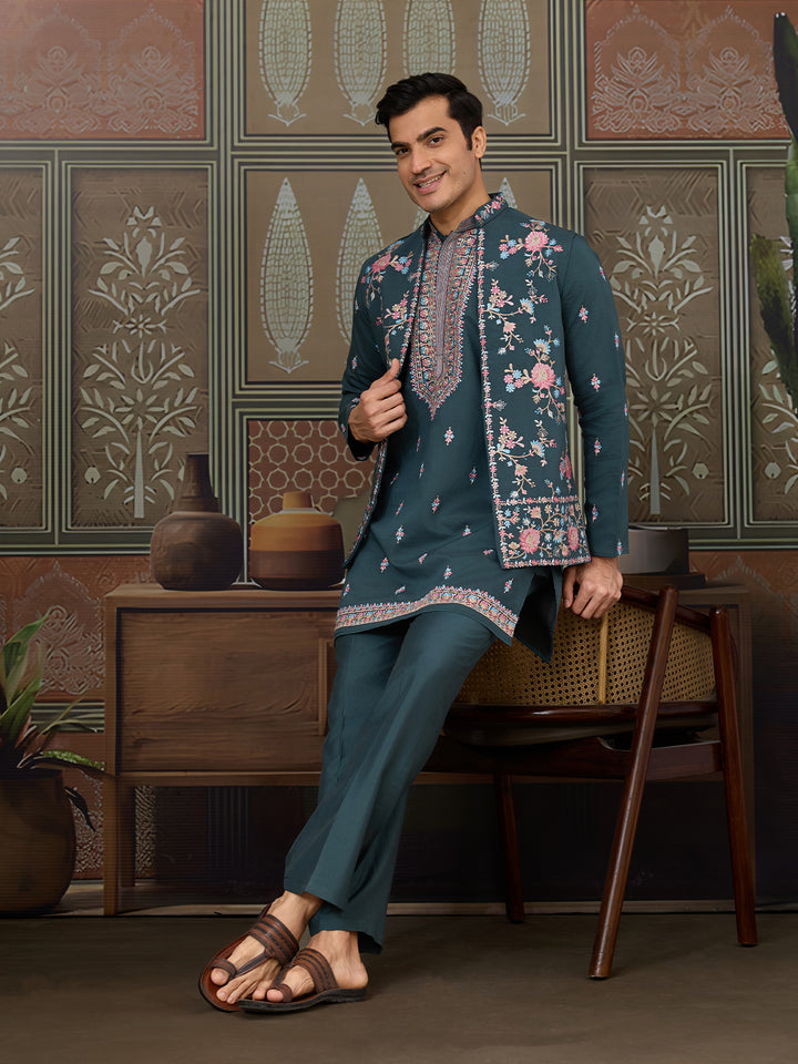 Green Viscose Silk Kurta with Koti for Men | Multi-Thread & Sequence Embroidery | Festive & Wedding Wear