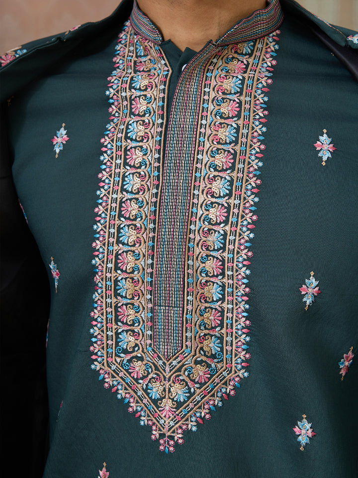 Green Viscose Silk Kurta with Koti for Men | Multi-Thread & Sequence Embroidery | Festive & Wedding Wear