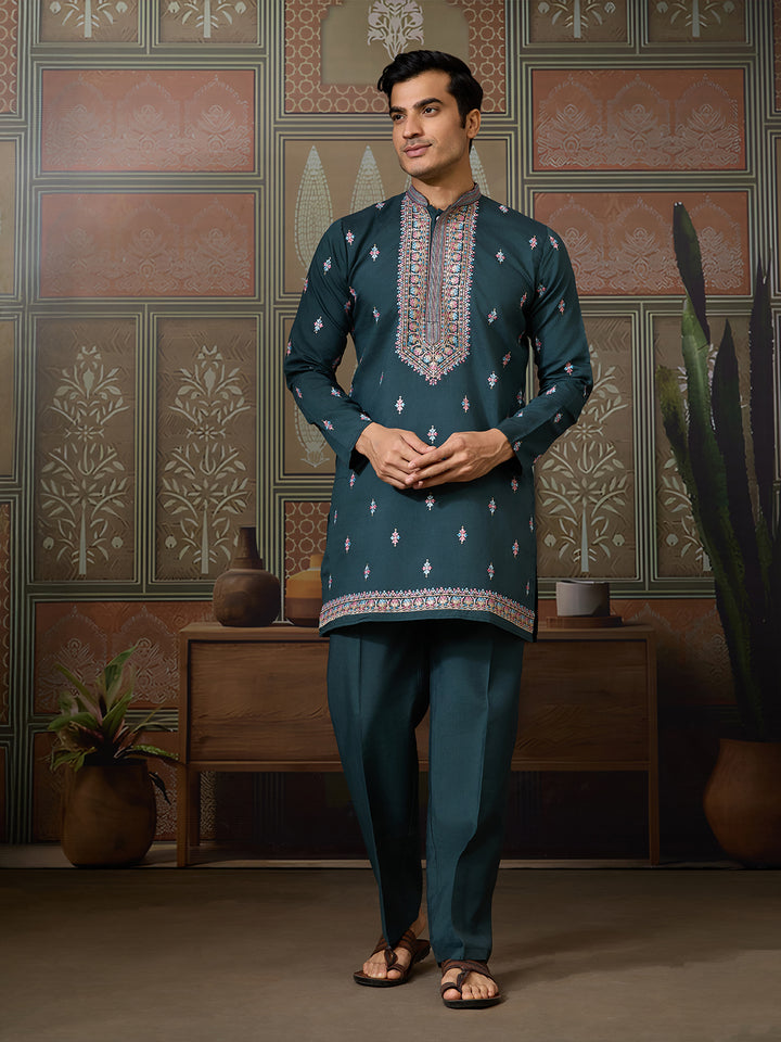 Green Viscose Silk Kurta with Koti for Men | Multi-Thread & Sequence Embroidery | Festive & Wedding Wear