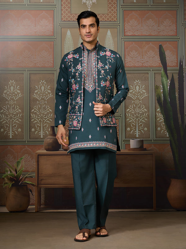 Green Viscose Silk Kurta with Koti for Men | Multi-Thread & Sequence Embroidery | Festive & Wedding Wear