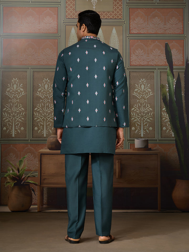 Green Viscose Silk Kurta with Koti for Men | Multi-Thread & Sequence Embroidery | Festive & Wedding Wear