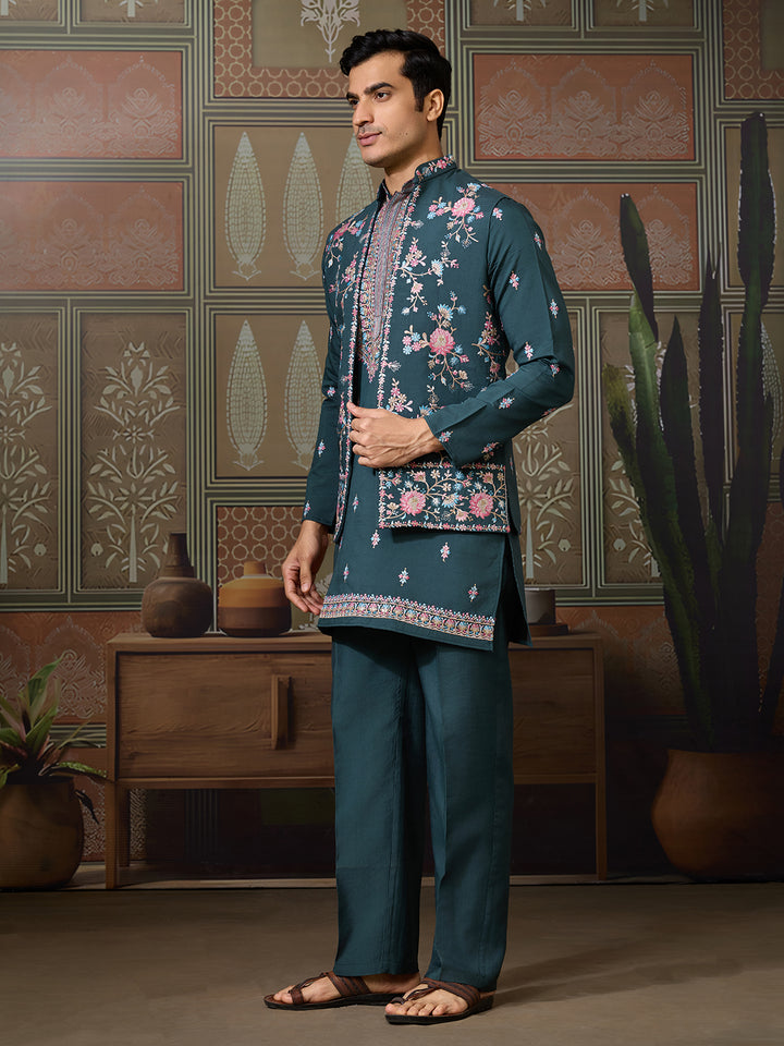 Green Viscose Silk Kurta with Koti for Men | Multi-Thread & Sequence Embroidery | Festive & Wedding Wear