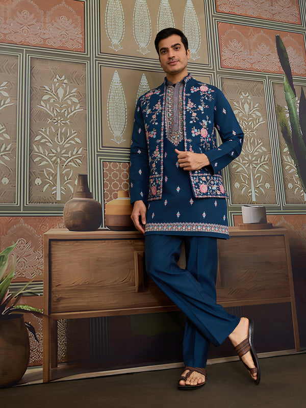 Teal Blue Viscose Silk Kurta-Koti for Men with Multi-Thread & Sequin Embroidery – Stylish Men’s Occasion Wear