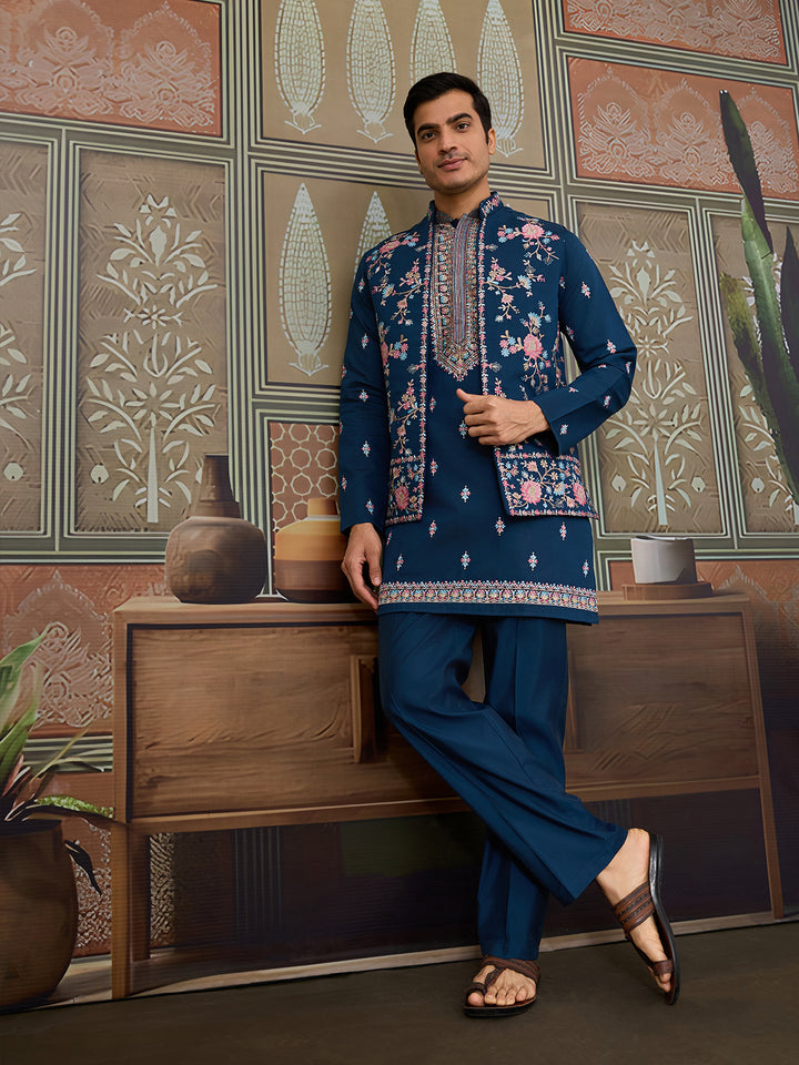 Teal Blue Viscose Silk Kurta-Koti for Men with Multi-Thread & Sequin Embroidery – Stylish Men’s Occasion Wear
