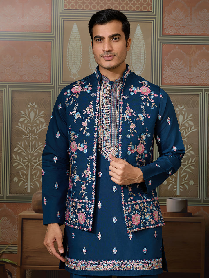 Teal Blue Viscose Silk Kurta-Koti for Men with Multi-Thread & Sequin Embroidery – Stylish Men’s Occasion Wear