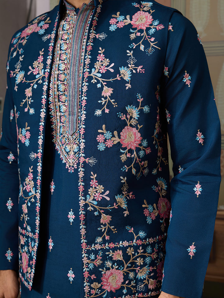 Teal Blue Viscose Silk Kurta-Koti for Men with Multi-Thread & Sequin Embroidery – Stylish Men’s Occasion Wear