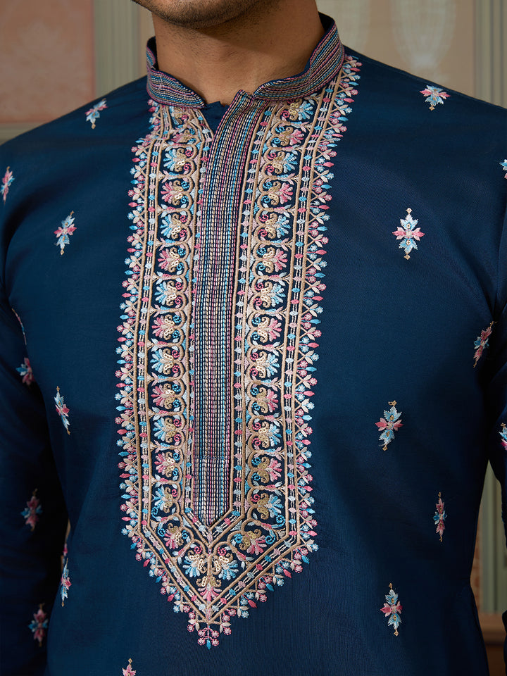 Teal Blue Viscose Silk Kurta-Koti for Men with Multi-Thread & Sequin Embroidery – Stylish Men’s Occasion Wear