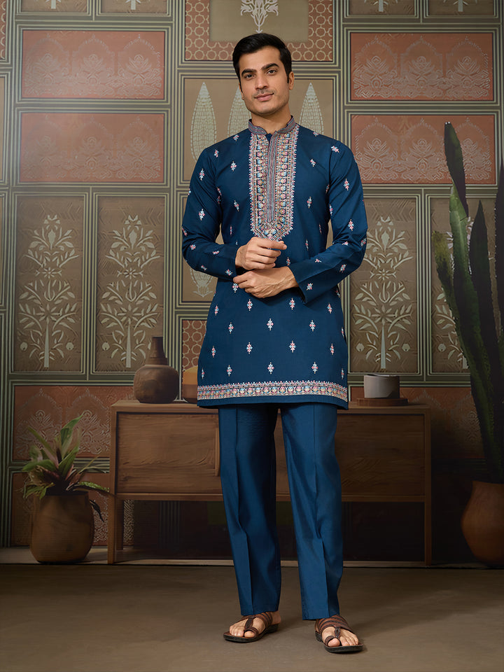 Teal Blue Viscose Silk Kurta-Koti for Men with Multi-Thread & Sequin Embroidery – Stylish Men’s Occasion Wear
