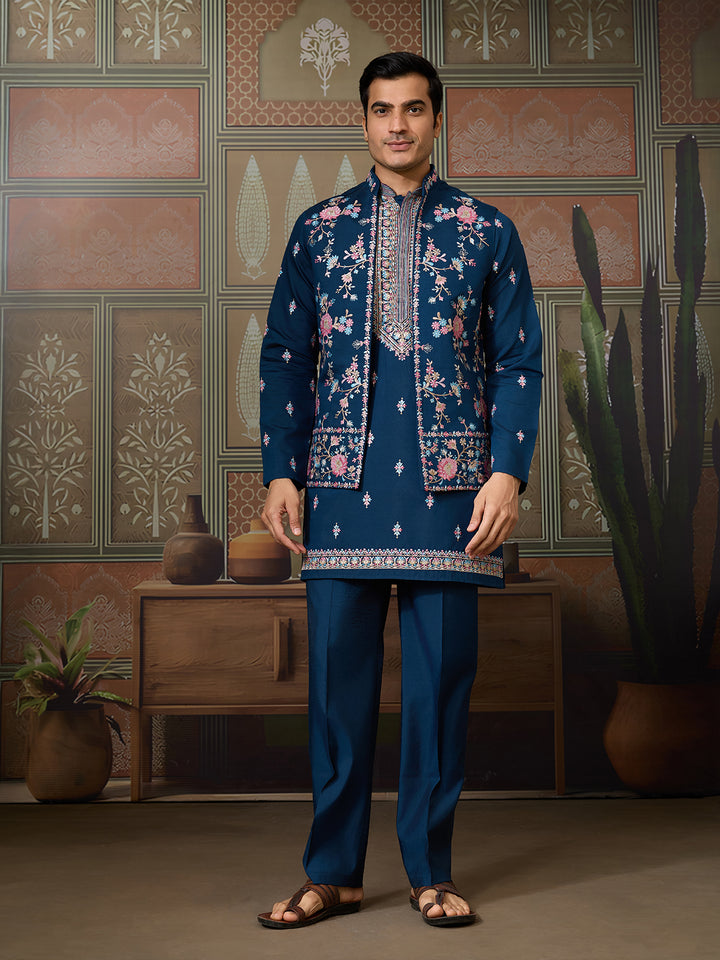 Teal Blue Viscose Silk Kurta-Koti for Men with Multi-Thread & Sequin Embroidery – Stylish Men’s Occasion Wear
