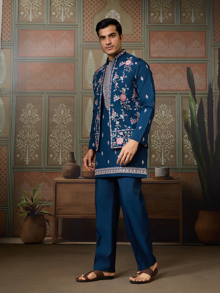 Teal Blue Viscose Silk Kurta-Koti for Men with Multi-Thread & Sequin Embroidery – Stylish Men’s Occasion Wear