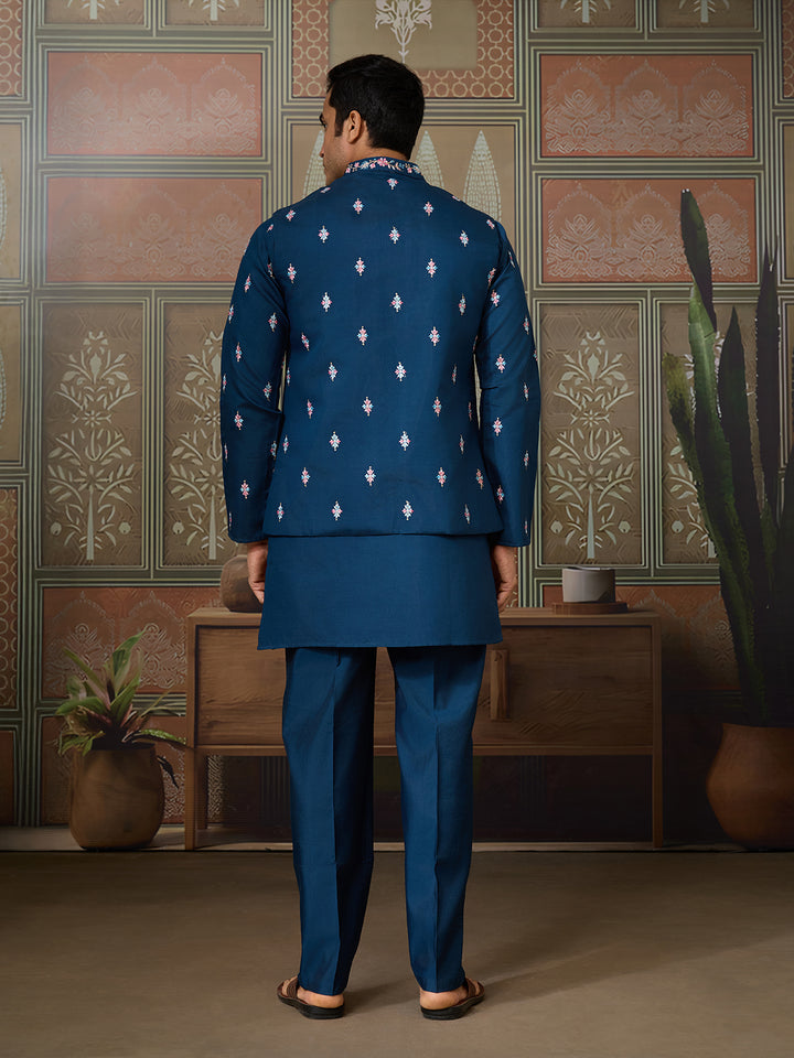 Teal Blue Viscose Silk Kurta-Koti for Men with Multi-Thread & Sequin Embroidery – Stylish Men’s Occasion Wear