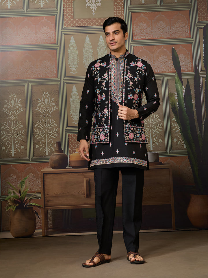 Black Viscose Silk Kurta with Koti for Men | Multi-Thread & Sequin Embroidered Party Wear Kurta