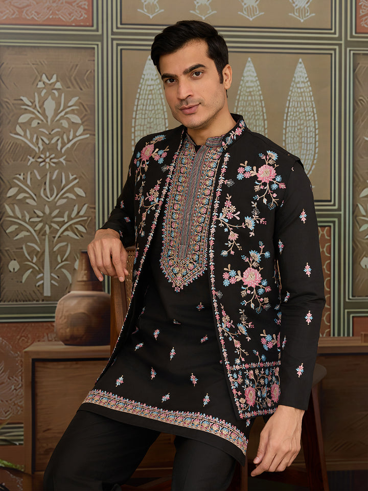 Black Viscose Silk Kurta with Koti for Men | Multi-Thread & Sequin Embroidered Party Wear Kurta