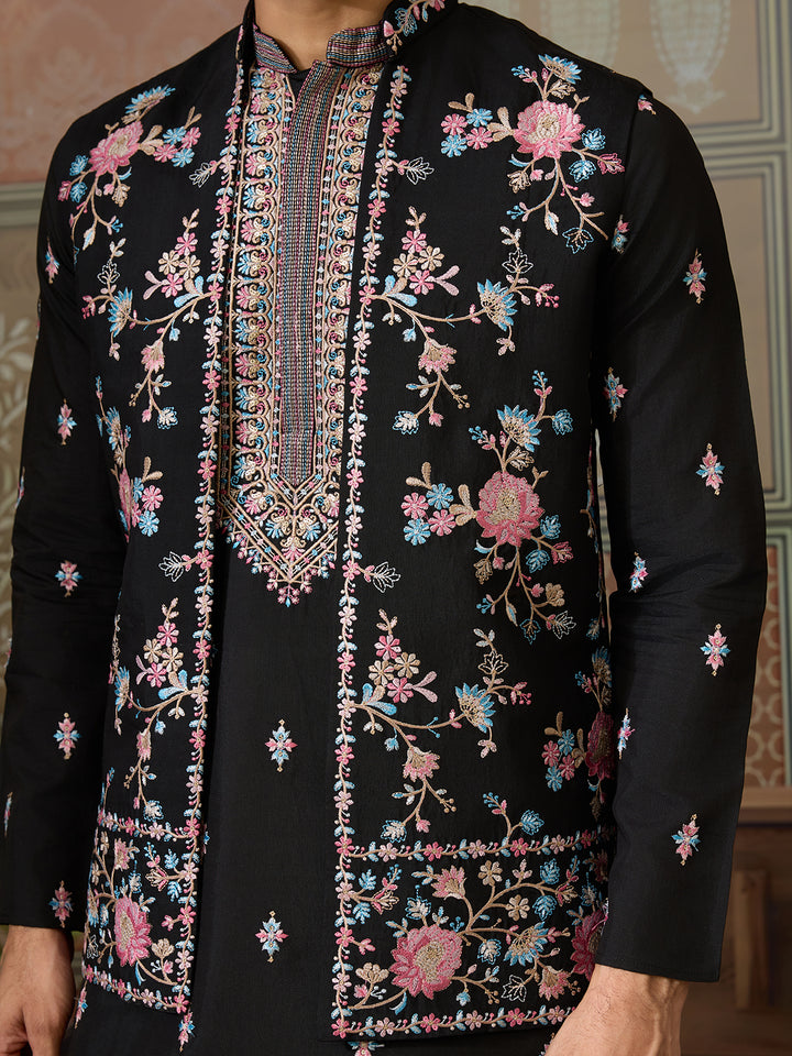 Black Viscose Silk Kurta with Koti for Men | Multi-Thread & Sequin Embroidered Party Wear Kurta