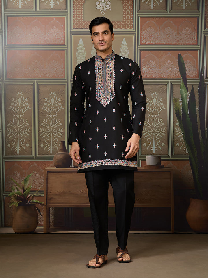 Black Viscose Silk Kurta with Koti for Men | Multi-Thread & Sequin Embroidered Party Wear Kurta