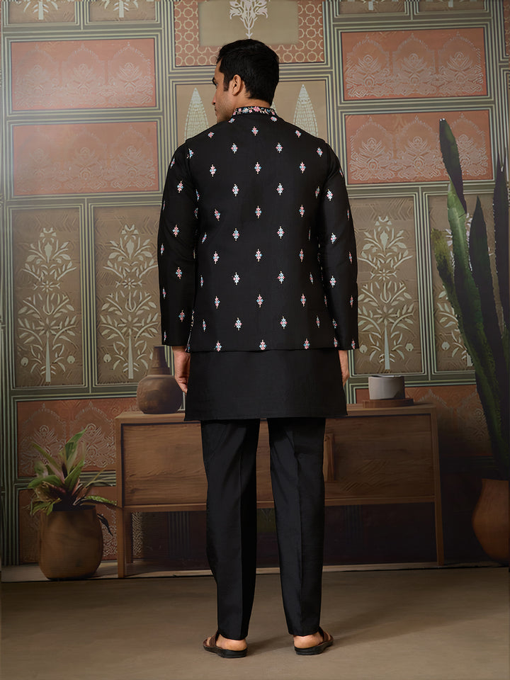 Black Viscose Silk Kurta with Koti for Men | Multi-Thread & Sequin Embroidered Party Wear Kurta