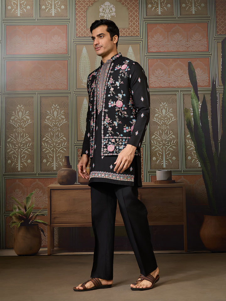 Black Viscose Silk Kurta with Koti for Men | Multi-Thread & Sequin Embroidered Party Wear Kurta