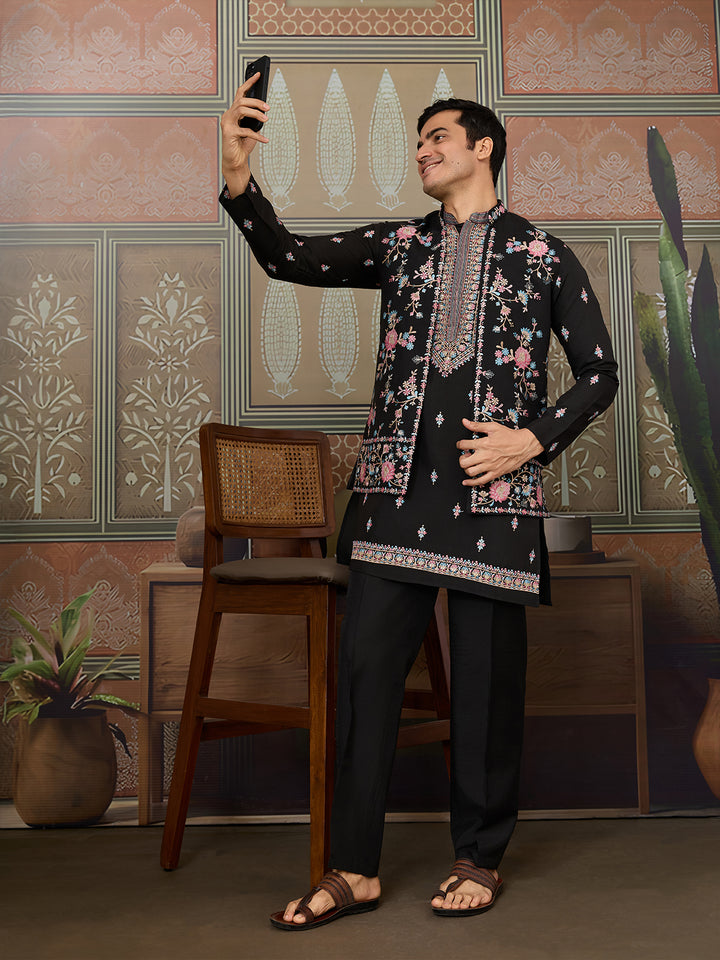 Black Viscose Silk Kurta with Koti for Men | Multi-Thread & Sequin Embroidered Party Wear Kurta