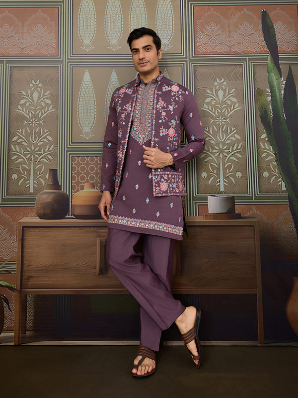 Dusty Purple Viscose Silk Men’s Kurta with Multi-Thread & Sequence Embroidery | Festive & Wedding Kurta-Koti Style