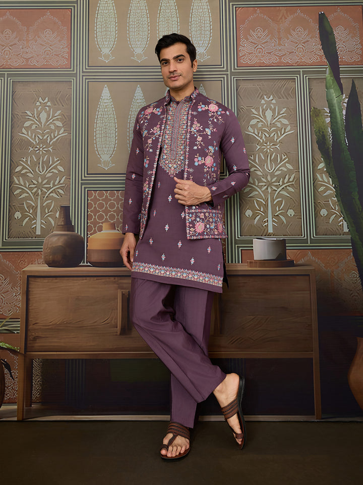 Dusty Purple Viscose Silk Men’s Kurta with Multi-Thread & Sequence Embroidery | Festive & Wedding Kurta-Koti Style