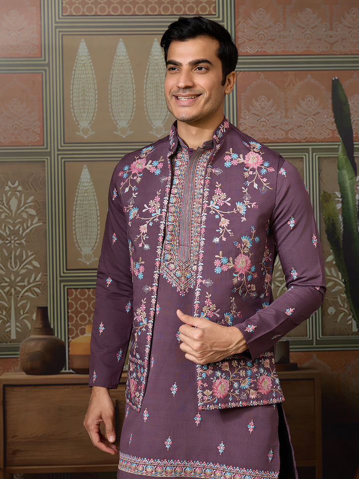 Dusty Purple Viscose Silk Men’s Kurta with Multi-Thread & Sequence Embroidery | Festive & Wedding Kurta-Koti Style