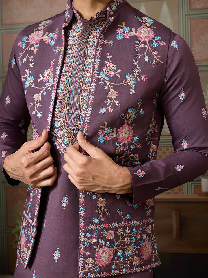Dusty Purple Viscose Silk Men’s Kurta with Multi-Thread & Sequence Embroidery | Festive & Wedding Kurta-Koti Style