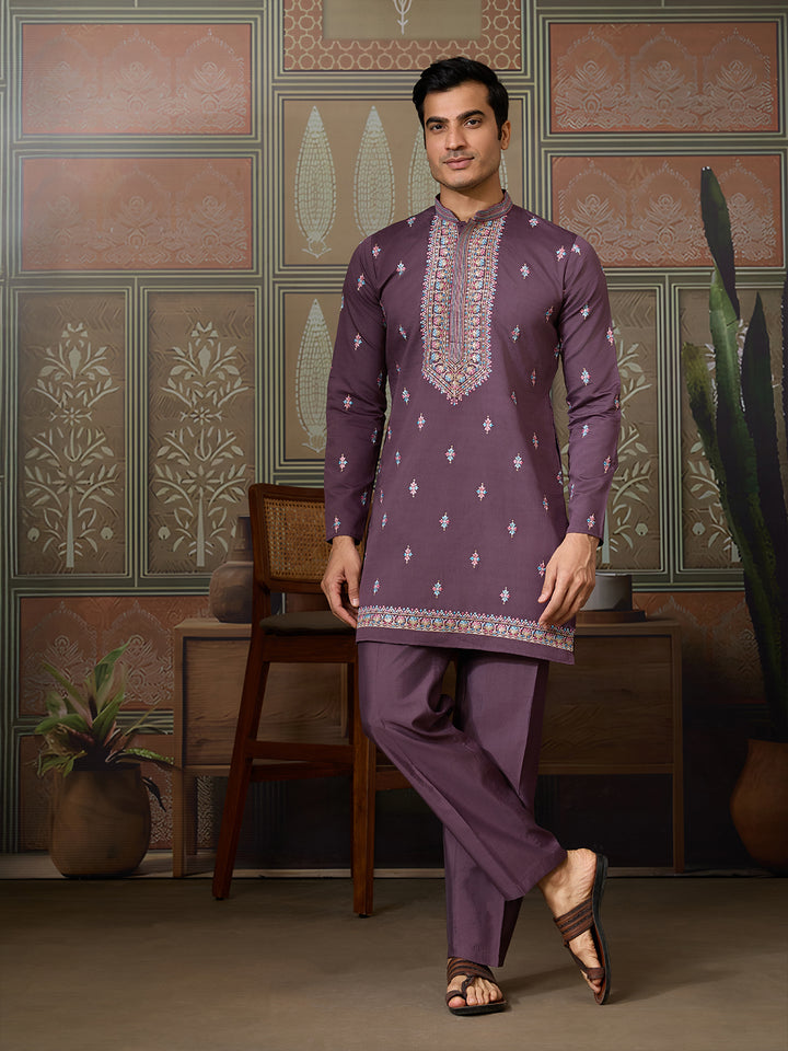 Dusty Purple Viscose Silk Men’s Kurta with Multi-Thread & Sequence Embroidery | Festive & Wedding Kurta-Koti Style