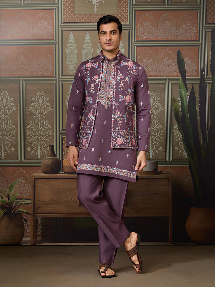 Dusty Purple Viscose Silk Men’s Kurta with Multi-Thread & Sequence Embroidery | Festive & Wedding Kurta-Koti Style