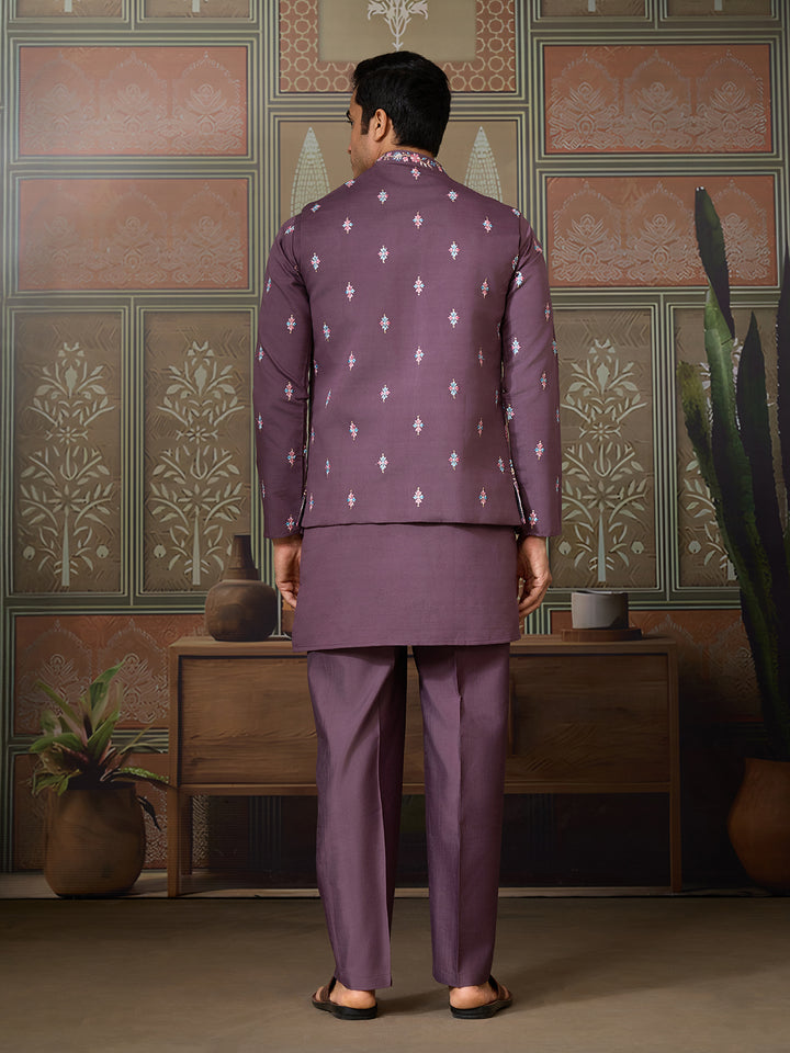 Dusty Purple Viscose Silk Men’s Kurta with Multi-Thread & Sequence Embroidery | Festive & Wedding Kurta-Koti Style