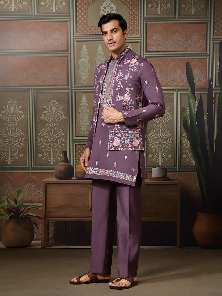 Dusty Purple Viscose Silk Men’s Kurta with Multi-Thread & Sequence Embroidery | Festive & Wedding Kurta-Koti Style