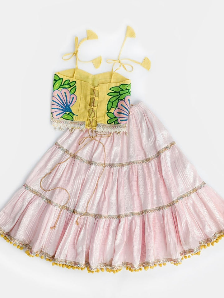 Light Pink & Yellow Navratri Lehenga Choli with Floral Aari Embroidery & Zari Lace – Festive Dandiya Outfit